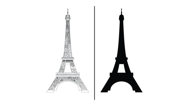 Eiffel Tower appears as both a detailed line sketch and a solid black silhouette side by side.