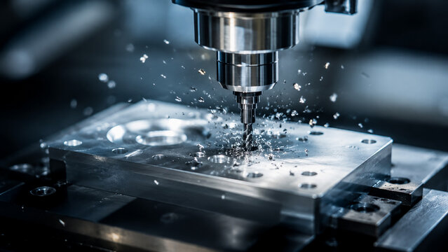 High precision cnc milling machine processing a metal component with coolant fluid in a factory workshop.