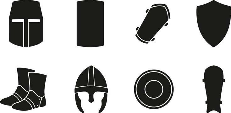 Set of medieval knight armor icons including helmets shields and protective gear in black silhouette