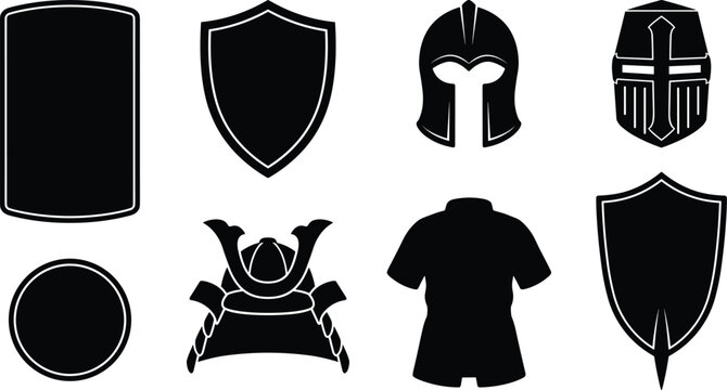 Set of Vector Silhouettes Featuring Medieval Shields, Warrior Helmets, and Protective Armor Icon Designs