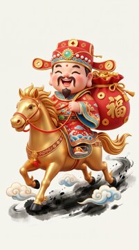 Caishen on a galloping horse surrounded by symbols of prosperity in bright colors