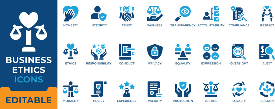 Business Ethics Integrity Compliance Trust Accountability Icon Set - editable vectors for corporate responsibility, legal governance, and moral conduct.