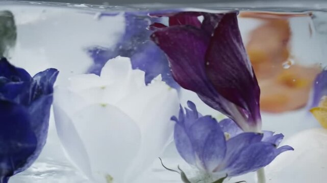 Macro shot of colorful purple, yellow, and red flowers frozen inside transparent solid ice with small oxygen bubbles and textured frozen water surface on white background.