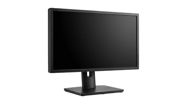 Modern black computer monitor with a sleek design and blank screen on a neutral background.