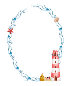 Watercolor nautical oval wreath with lighthouse, waves, starfish, seashell and crab. Isolated frame template on white background for beach party invitation, baby shower and summer card design.