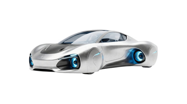 Modern silver concept vehicle featuring integrated jet turbines and aerodynamic body isolated on png file.