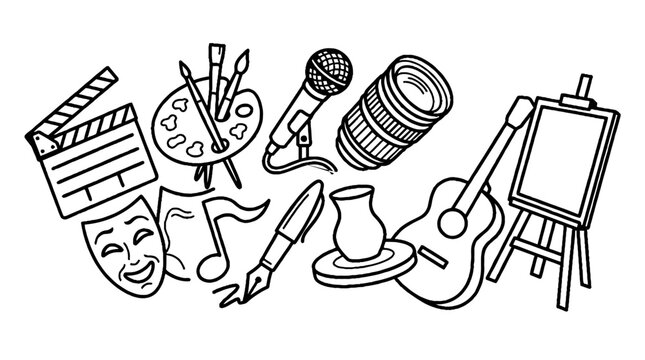 Creative Arts and Entertainment Icons Hand Drawn Doodle Illustration Set.