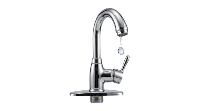 Shiny metallic silver water tap featuring single flowing drop falling isolated on transparent background png.