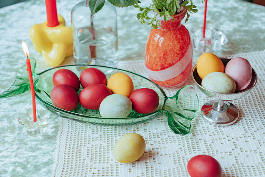 Colorful eggs on table for celebration during springtime event