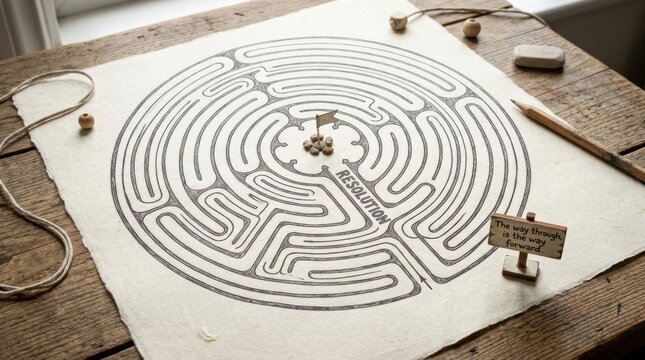 Circular maze with resolution flag at center for goal achievement