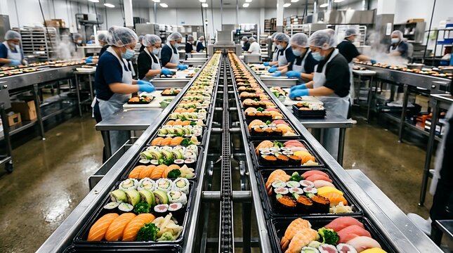 Workers in a commercial food processing facility assembling sushi trays on an industrial production line conveyor belt