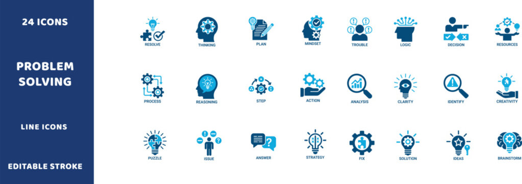 Problem solving vector icons. Critical thinking line signs set. Creative business solution icon