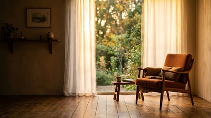 Fototapeta premium Cozy interior living room featuring a mid-century armchair and warm golden sunlight filtering through sheer curtains overlooking a lush garden