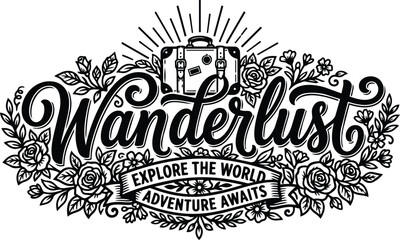 Obraz premium Bold vector illustration wanderlust travel badge with floral frame and suitcase