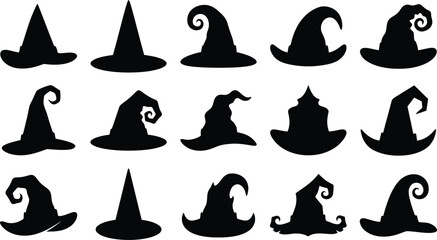 Halloween witch hat silhouette vector collection of black magic wizard hats isolated on white background © VactorZone
