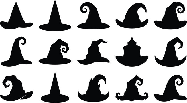 Halloween witch hat silhouette vector collection of black magic wizard hats isolated on white background