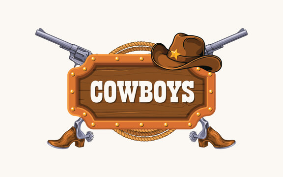 Vintage style cowboy themed sign with guns and cowboy hat isolated