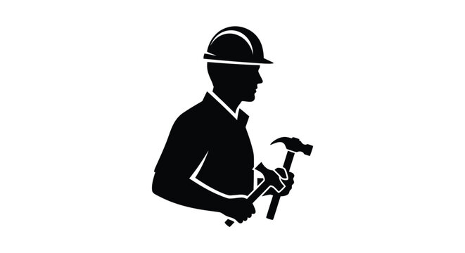 Construction worker with hammer black silhouette builder