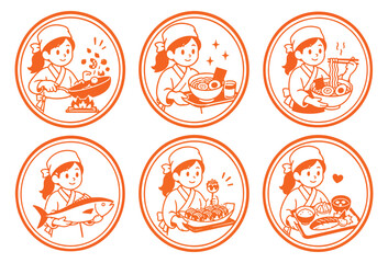 Cute Sushi Chef Character Badge Collection – Black and White Japanese Food Mascot Vector Set, Kawaii Sushi Making Illustration SVG Bundle © Wooden