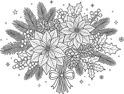 Christmas poinsettia flower bouquet coloring page vector with pine cones and holly berries for holiday winter celebration background