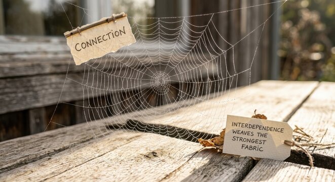 Dew covered spiderweb with connection and interdependence messages