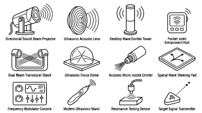 Set of scientific ultrasonic and acoustic wave technology icons in line art style.