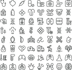 Fototapeta premium Medical and Healthcare Line Icon Set with Stethoscope and Organs
