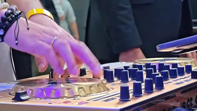 DJ hands playing and mixing music on instrument console control, Nightclub Concert, Electronic Musical Equipment, Nightlife Party Work Performance, Closeup
