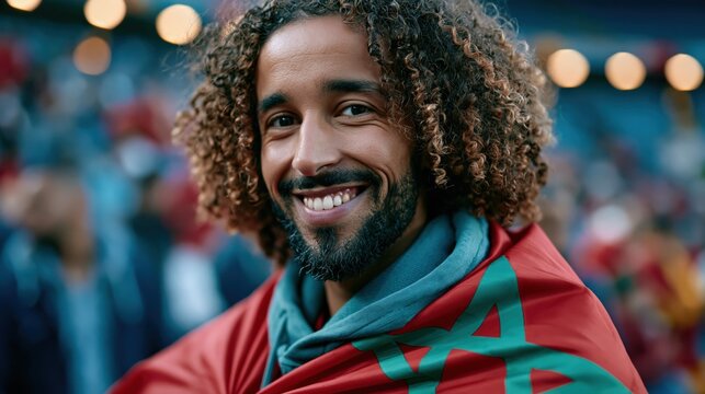 Moroccan football fan smiling proudly with national flag in stadium aisle
