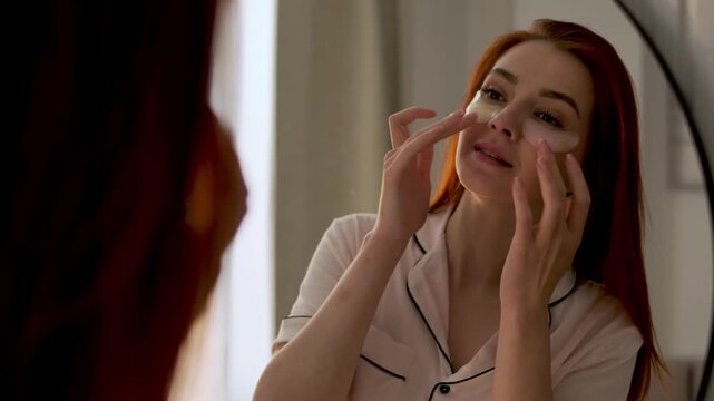 Young redhead woman wearing pajamas and applying under eye patches while looking in a mirror at home. Morning skincare routine, beauty treatment, self care and healthy lifestyle concept