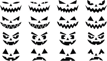Fototapeta premium Set of scary Halloween pumpkin faces, black silhouette jack-o-lantern expressions for carving templates and holiday designs