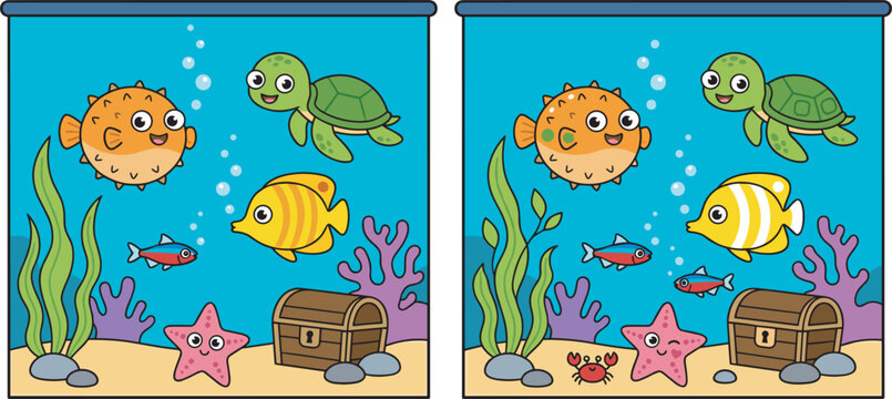 Find the differences game vector worksheet for children with cute cartoon sea animals and underwater aquarium scene