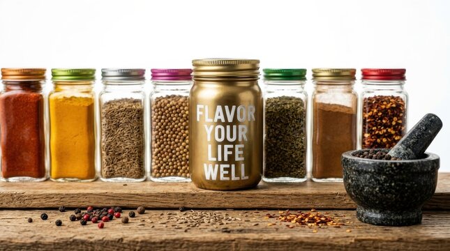 Glass jars filled with colorful spices on a wooden shelf