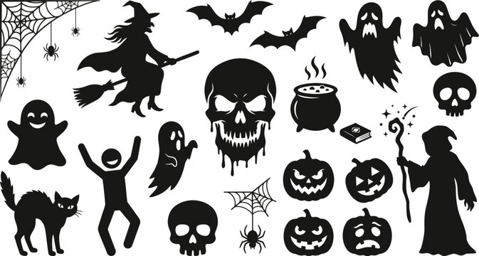 Spooky Halloween silhouette vector collection featuring witch, ghosts, skulls, bats, and pumpkins for festive designs