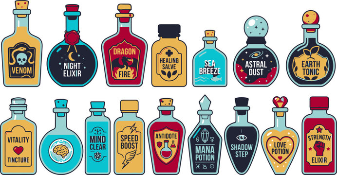 Set of colorful magic potion bottles with labels for fantasy game asset design.