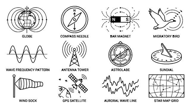 Scientific and Navigation Icons Set Featuring Earth Magnetism Compass Satellite and Astronomical Tools.
