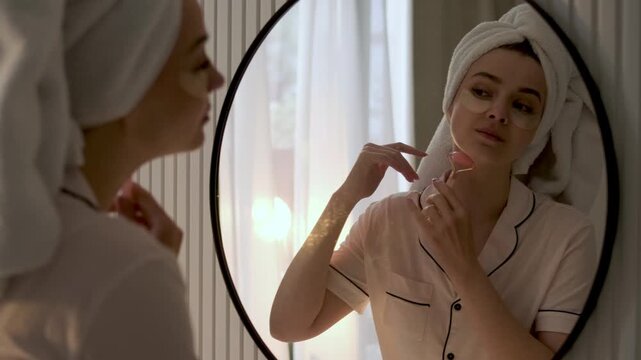 Young woman with a towel wrapped around her hair applying under eye patches while looking in a mirror at home. Morning skincare, beauty treatment and self care wellness concept