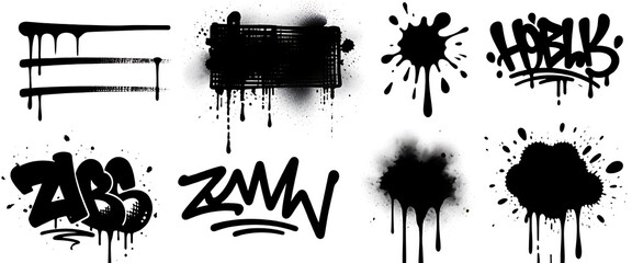 Fototapeta premium Set of black graffiti ink splashes drops and street art tag designs isolated.