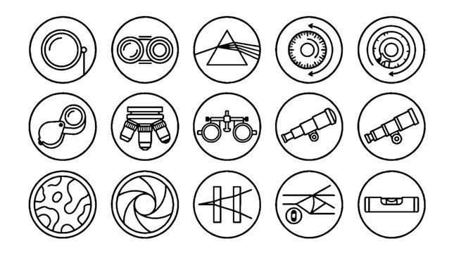Set of optical instrument line icons featuring telescope microscope prism and lenses.