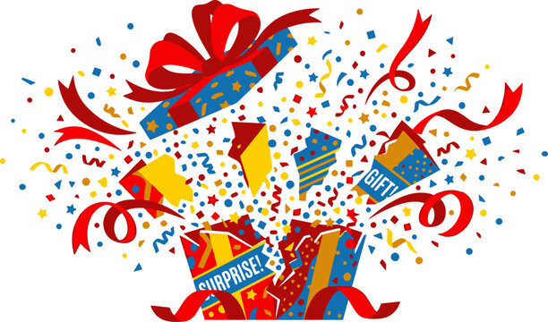 Exploding gift box with colorful confetti and festive ribbons on transparent grid.