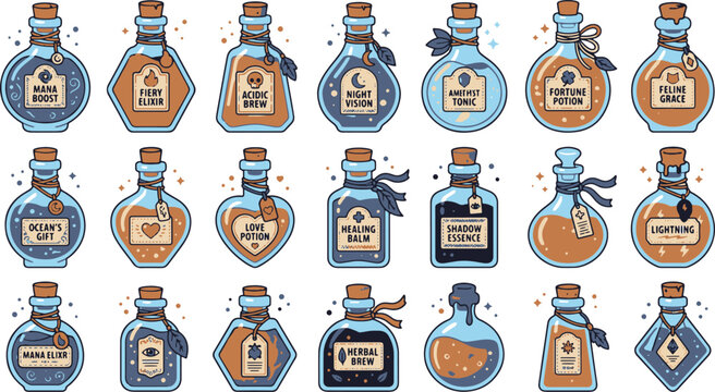 Vintage style alchemy potion bottles with parchment labels and decorative twine.