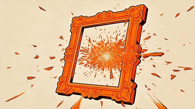 Broken vintage picture frame with orange border and bright light explosion