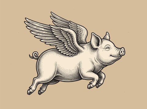 Vintage Flying Pig Illustration - Hand-Drawn Etching Style of a Winged Pig Soaring Through the Air, Perfect for Whimsical Branding, Surreal Art Projects, and Creative Metaphorical Design Concepts