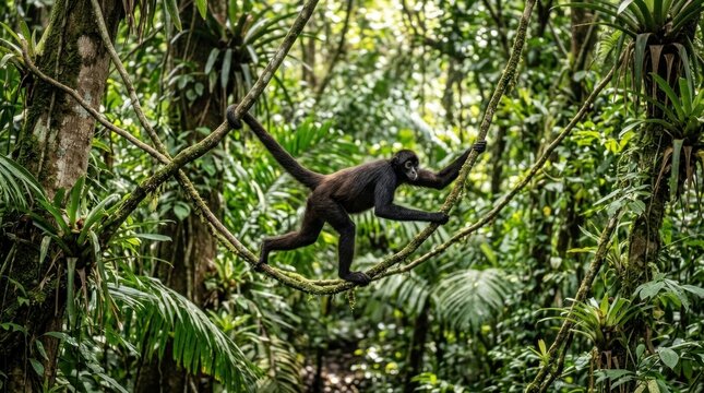 A spider monkey hanging from a tree branch in a dense jungle setting, with lush green foliage and a clear blue sky in the background.