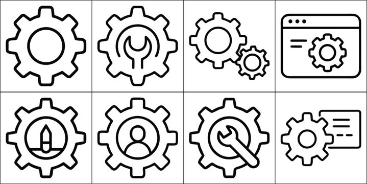 Cogwheel and gear settings line icons set. Vector illustration of configuration options, wrench tools, and repair symbols.