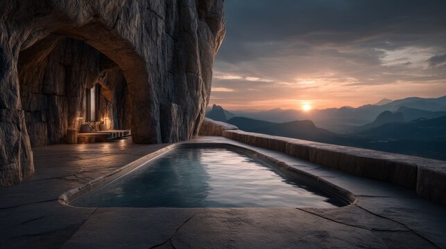 Luxurious stone cave hot spring pool with sunset mountain view retreat