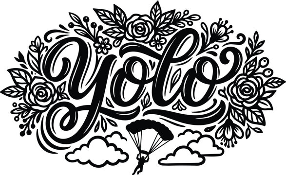Ornate floral vector text yo lo with parachute figure and clouds in air