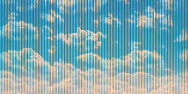 Vector clouds made with parallel vertical lines. Blue and cream textured sky created by retro linear halftone pattern.