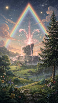 A magical rainbow arch above a glowing fantasy fountain in an enchanted forest valley