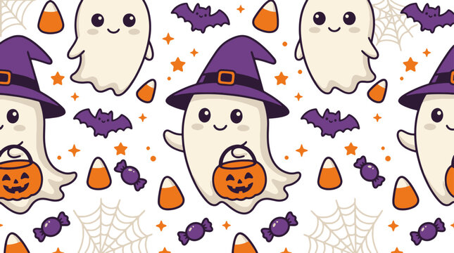 Cute ghost halloween pattern with witch hats candy corn and purple bat elements.